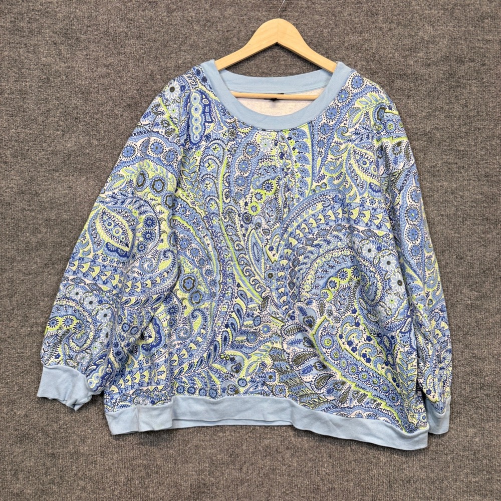 Talbots Plus Size 3X Sweatshirt Blue Paisley Cotton Blend Crew Neck Long Sleeves